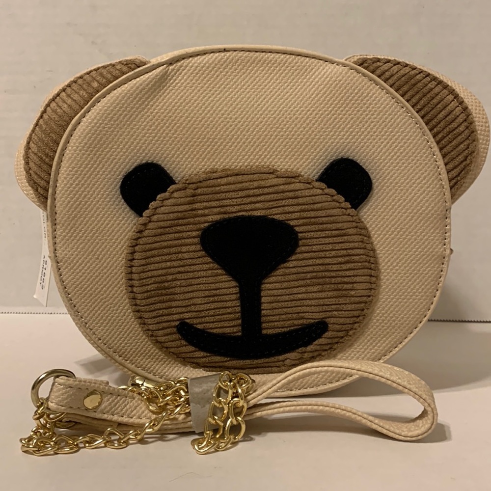 Round Teddy Bear Face Bag Cream Brown Colors Courderoy Zip Close Novelty Handbag
